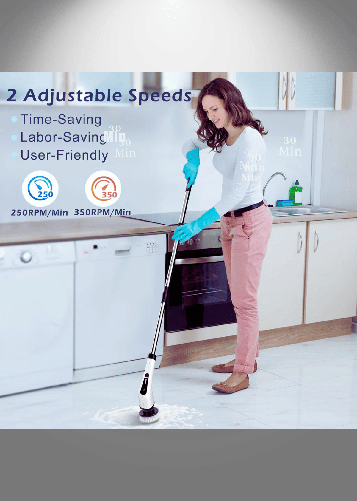 Cordless Electric Spin Scrubber,Cleaning Brush Scrubber for Home, 400RPM/Mins-8 Replaceable Brush Heads-90Mins Work Time,3 Adjustable Size,2 Adjustable Speeds for Bathroom Shower Bathtub Glass Car